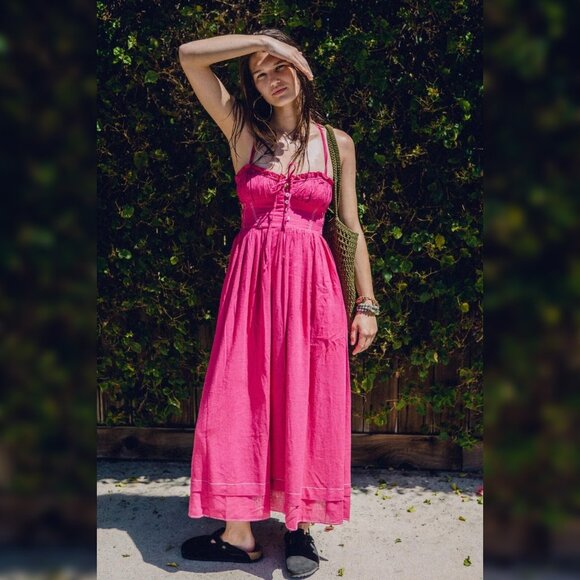 Urban Outfitters Cora Linen Open Back Midi Dress S 6 Women Casual Maxi NWT 33214 - Picture 1 of 4